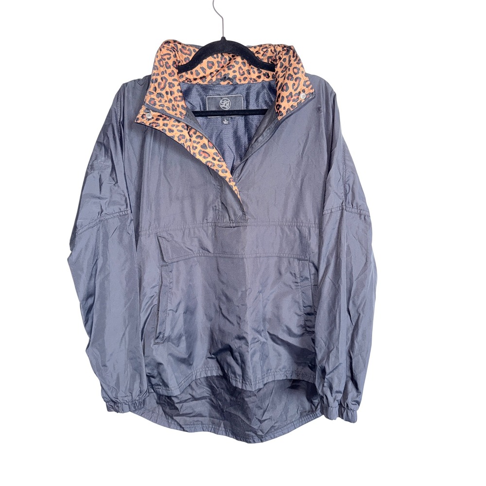 Lauren James Women's L Black Leopard Print Pullover Windbreaker Rain Jacket Hood